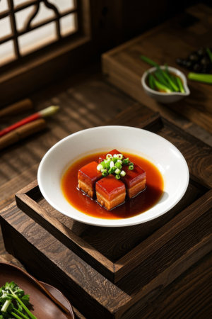 Close up of braised pork on a Chinese plateの素材