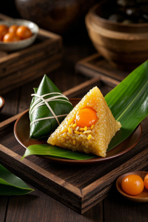 Close up of traditional zongzi and zongyeの素材