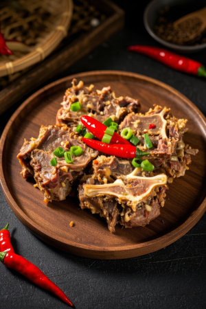 Braised meat with chili and chopped green onions on a wooden plateの素材