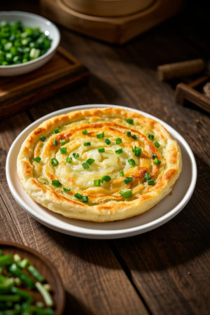 Scallion pancakes on a plate on a wooden tableの素材