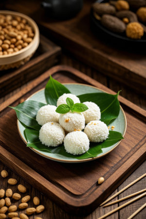 White glutinous rice glutinous rice snacks on a wooden plateの素材