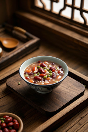 A bowl of whole grain porridge on a Chinese wooden tableの素材