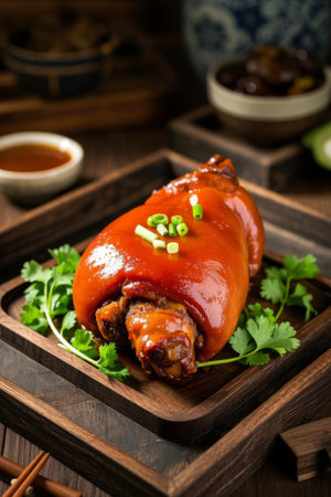 Braised pig's trotter delicacy on a wooden plateの素材
