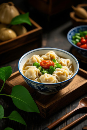 Bowl sized wontons with green onions and tomatoesの素材