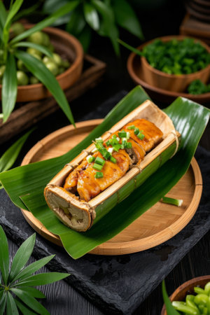 Close up of grilled chicken in bamboo tubesの素材