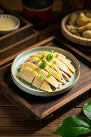 Cut chicken delicacies on a wooden plateの素材