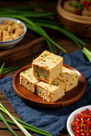 Delicious tofu cubes on a wooden plateの素材