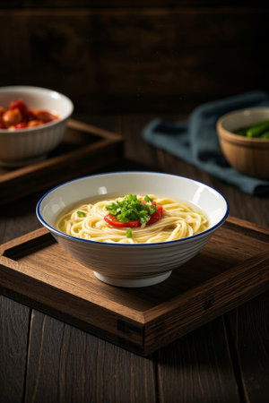 A bowl of delicious noodles on a wooden plateの素材