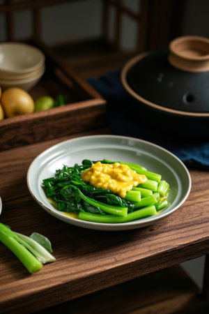 Green vegetables and yellow sauce dishes on a wooden tableの素材