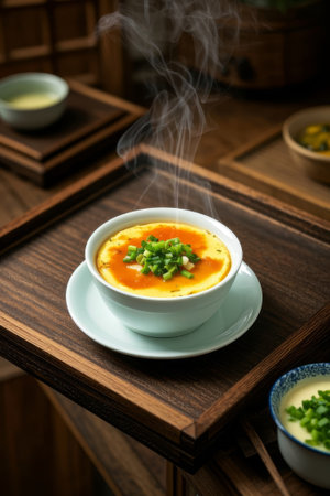 Steaming egg custard on a Chinese wooden tableの素材