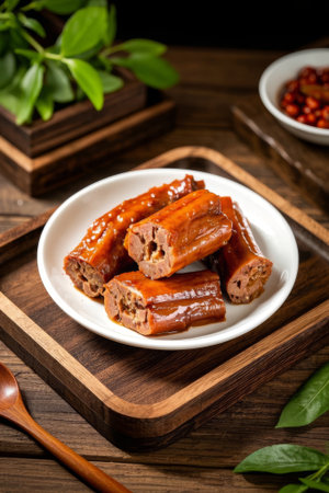 Braised duck neck on a wooden plateの素材