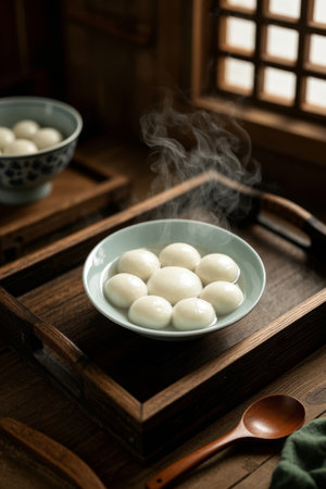 Steaming glutinous rice balls on a Chinese trayの素材