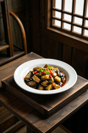 Delicious eggplant dishes on a Chinese tableの素材