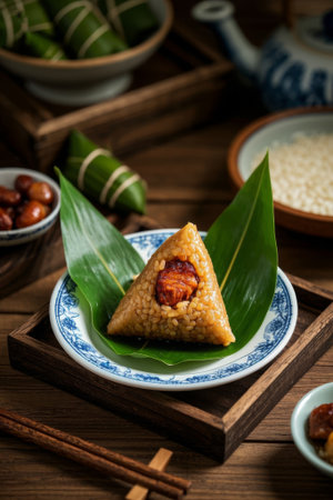 Delicious rice dumplings on a Chinese plateの素材