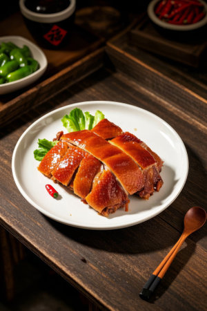 Delicious roast duck on a wooden tableの素材