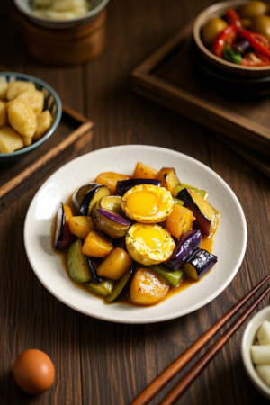 Vegetable and egg dishes on wooden tablesの素材