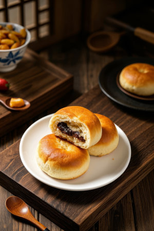 Close up of Chinese pastry red bean paste breadの素材