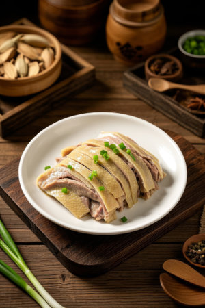 White plate chopped chicken and garnish with green onionsの素材