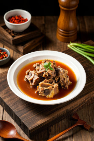 Porcelain plate with sauced ribs on wooden tableの素材