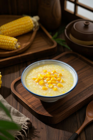 Polenta and corn on wooden traysの素材