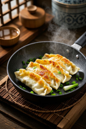 Delicious dumplings in a frying panの素材