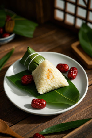 Close up of traditional rice dumplings and red dates on a plateの素材