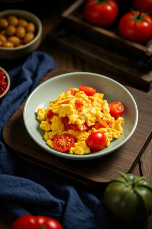 Scrambled eggs with tomatoes in a bowl Gourmet still lifeの素材