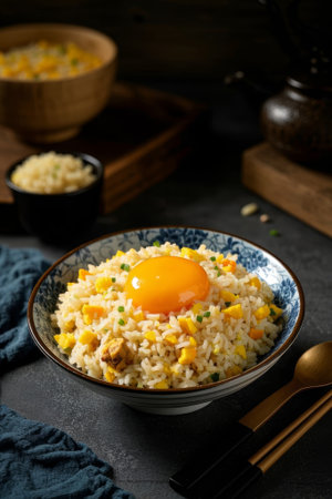 Egg fried rice in a bowl with whole egg yolksの素材