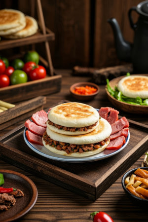Chinese gourmet meat filled steamed buns with side dishes on a plateの素材