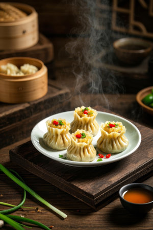 Steaming pork and shaomai on a wooden tableの素材