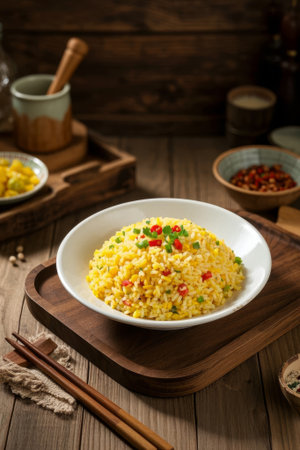 Delicious egg fried rice on a wooden tableの素材