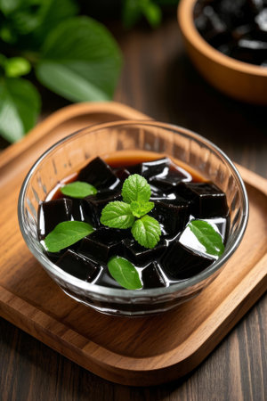 Delicious black jelly in a glass bowlの素材