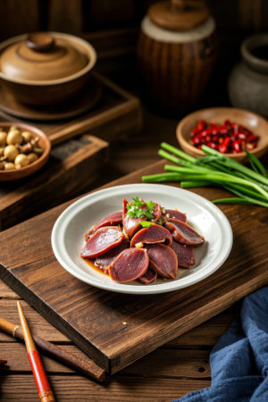 Braised duck gizzards on a wooden tableの素材