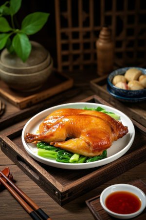 Grilled chicken delicacies on a Chinese plateの素材