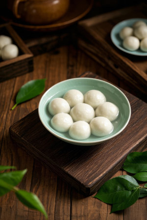 Still life of glutinous rice balls in bowls on a wooden tableの素材