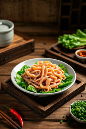 A bowl of delicious noodles on a wooden tableの素材