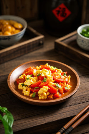 Scrambled eggs with tomatoes on a wooden plateの素材