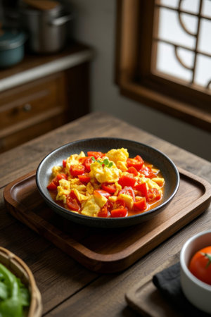 Scrambled eggs with tomatoes in a Chinese kitchenの素材