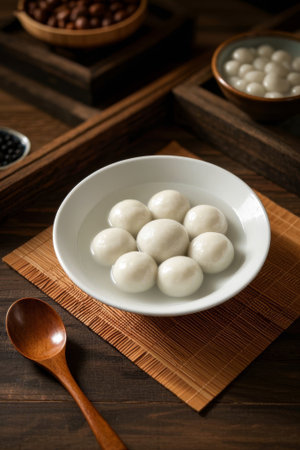 Bowl shaped glutinous rice balls placed on bamboo and wood utensilsの素材