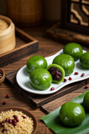 Red bean stuffed green balls on a Chinese wooden tableの素材