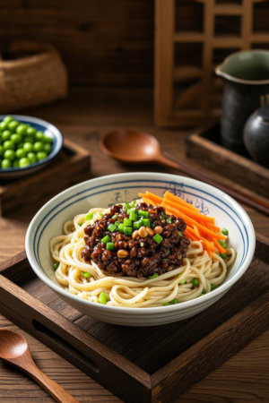 Close up of Chinese meat sauce and noodlesの素材