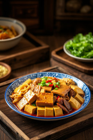 Tofu dishes on Chinese tablesの素材