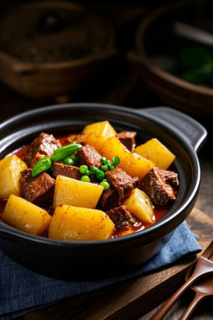 Beef goulash with potatoes and green peas in a bowlの素材