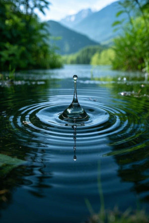 Water droplets fall into the natural scenery of the lakeの素材