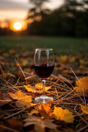 A glass of red wine on the outdoor grassの素材