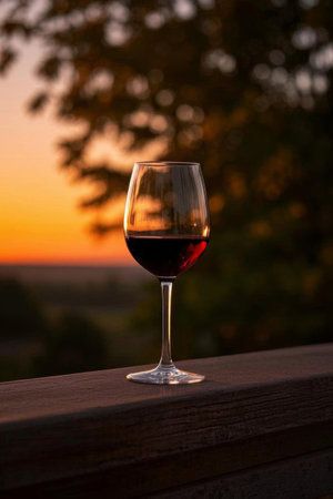 Red wine glasses on a wooden table at sunsetの素材