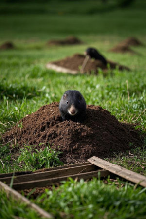 Close up of a mole in the grassの素材