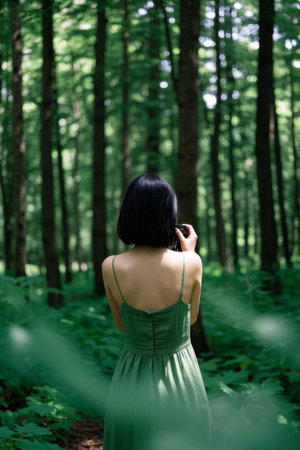 Girl's back in the forest takes a photo with a cameraの素材
