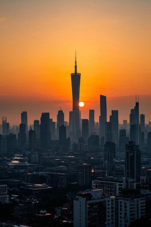 Guangzhou city sunset high rise viewの素材