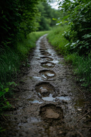 Muddy paths and footprints in the forestの素材